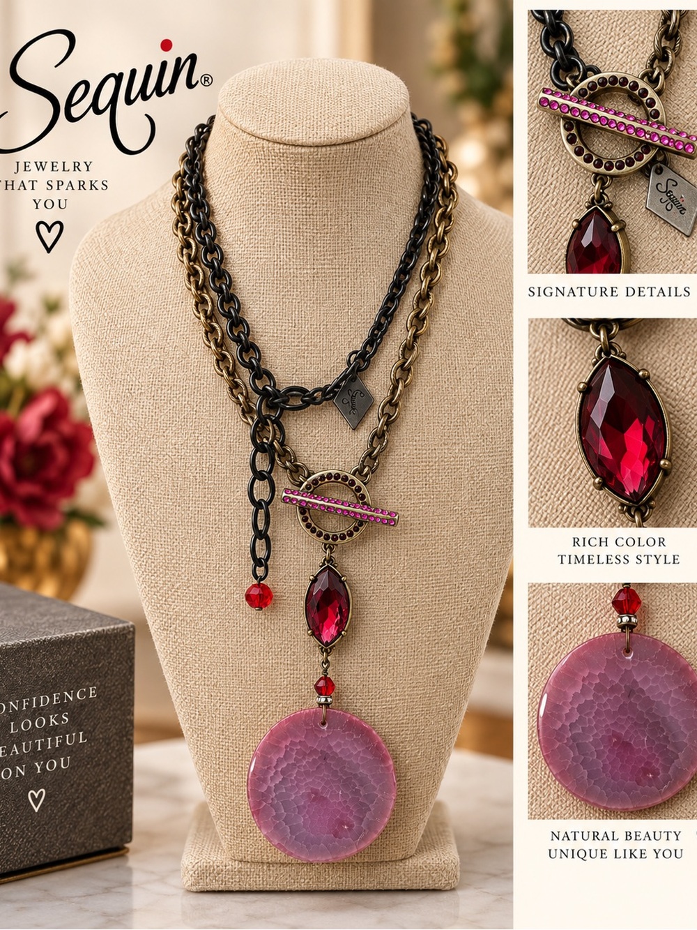 Layered Pendant Necklace in Pink and Red semi precious stone